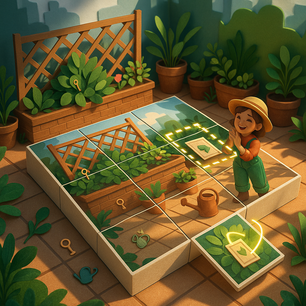 Swipe photo tiles to rebuild a rooftop garden scene