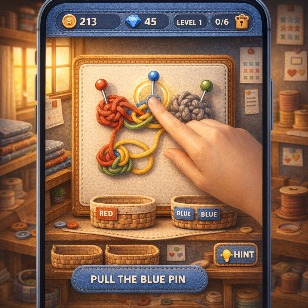 A finger preparing to pull a glossy pin from a colorful, tangled yarn knot on a felt board