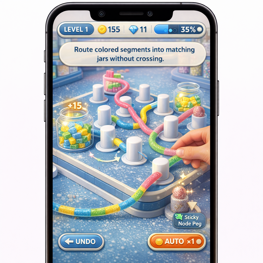 A puzzle board showing candy ropes being routed to jars