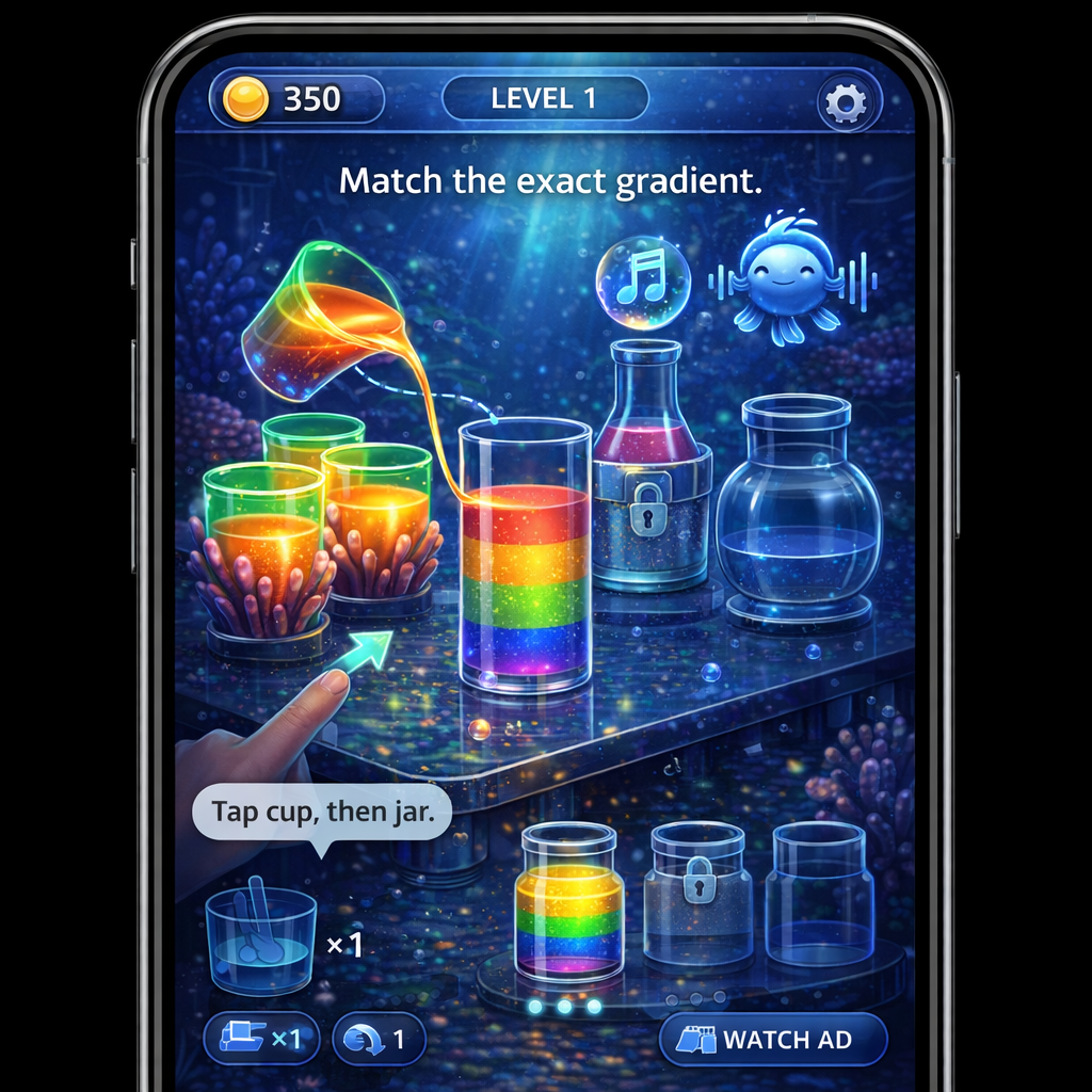 Solving a colorful gradient jar puzzle in an underwater lab