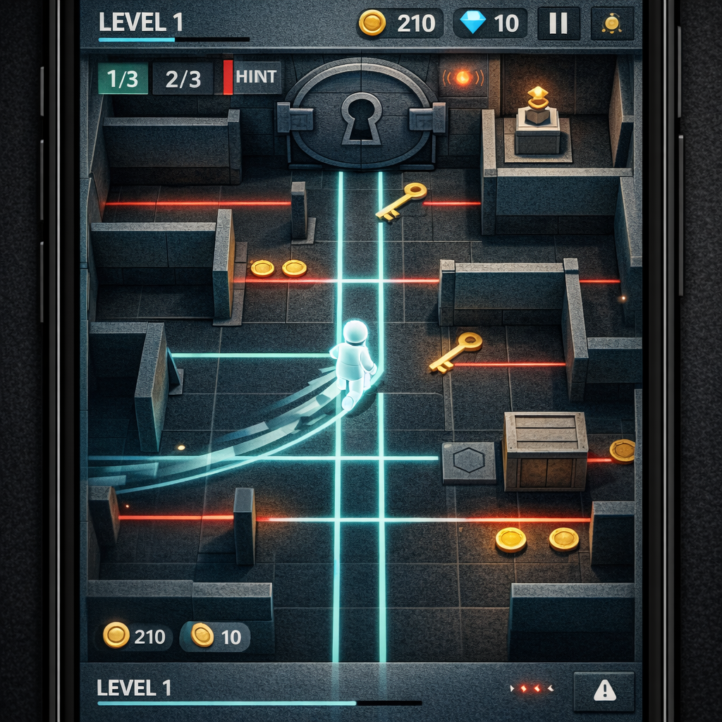 A stark white character leaving a glowing cyan zip trail in a top-down concrete museum vault with red lasers