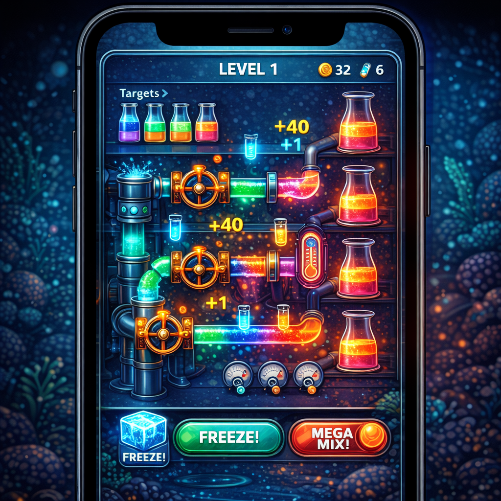 A perfectly layered glowing flask in a dark lab