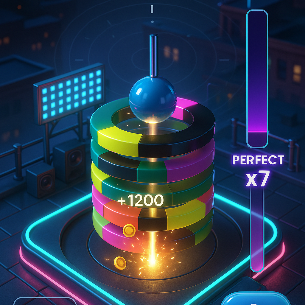 A hyper-glossy sphere smashing through thick neon plastic rings, triggering bright particle sparks on an EDM stage.