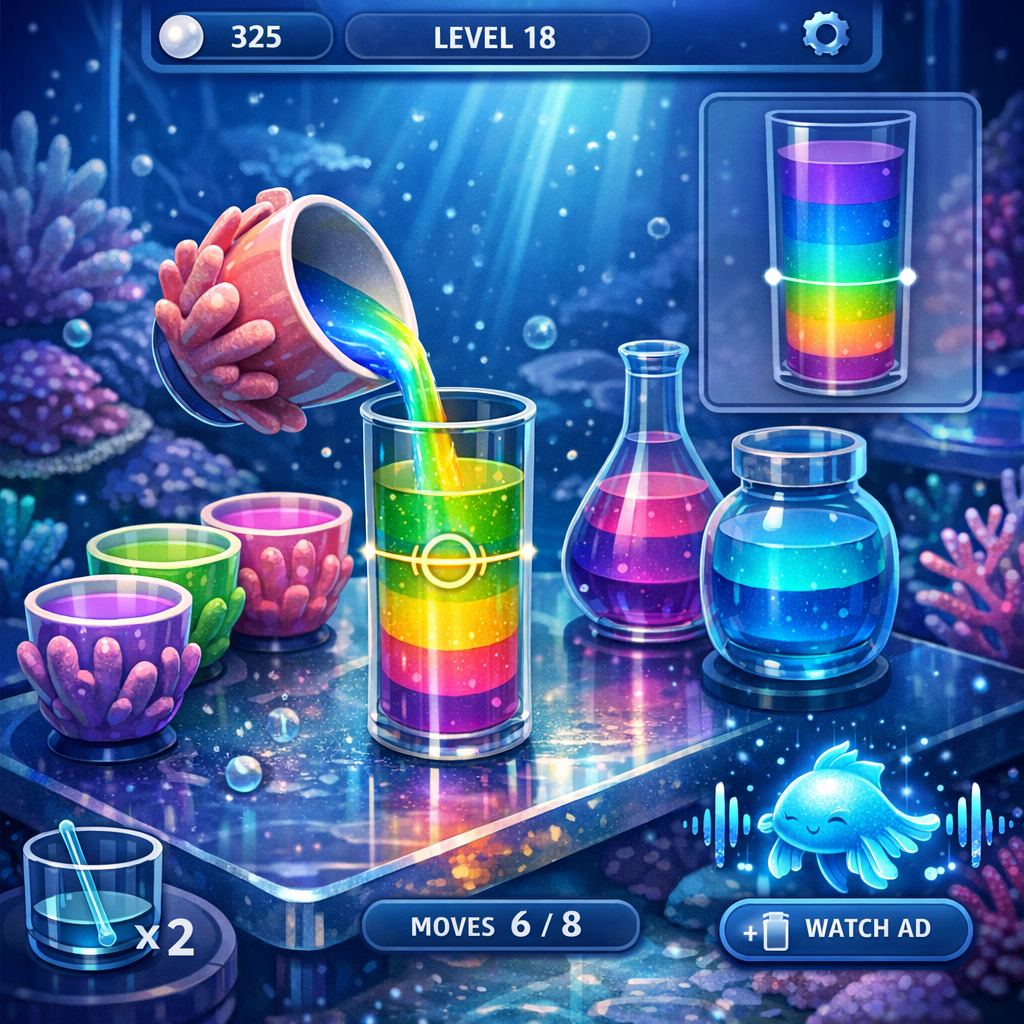 Glowing bioluminescent liquid pouring from a coral cup into a glass jar on an underwater lab bench
