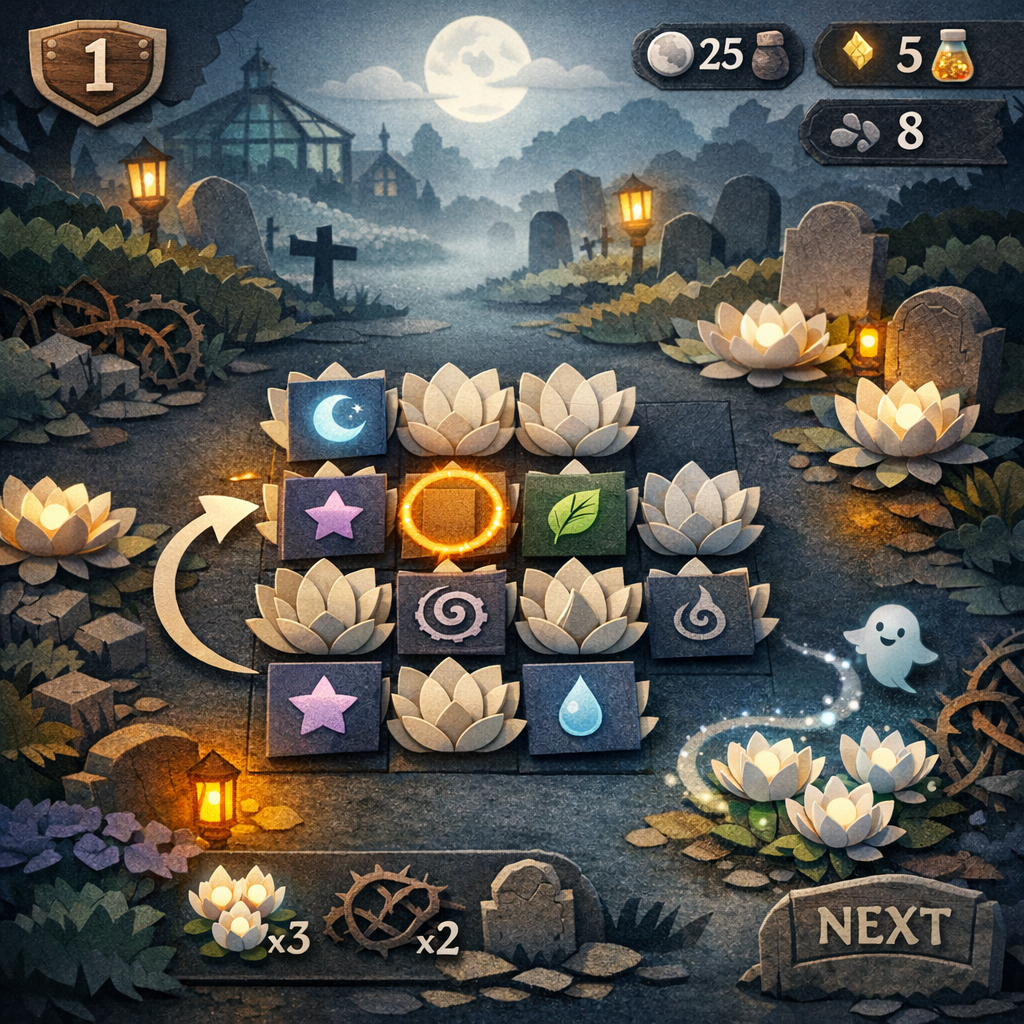 A cute ghost following a glowing stardust trail across papercraft lotus flowers in a moonlit graveyard
