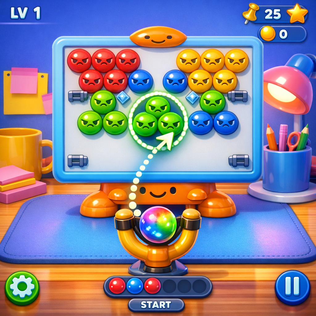 A glowing toy slingshot firing a rainbow ball at grumpy, colorful plastic bubbles on a dark blue desk mat