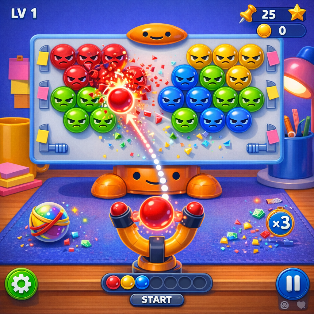 A puzzle board showing a clear aiming line destroying grumpy bubbles