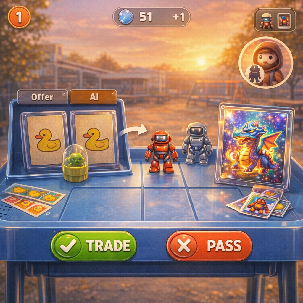 A player pressing the green trade button to accept a glowing holographic dragon card