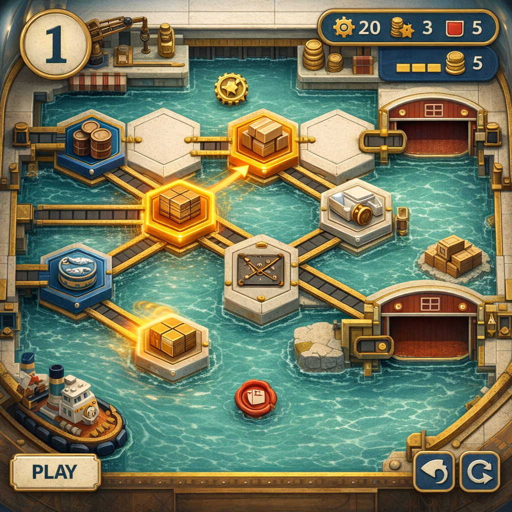 A perfectly clear, top-down isometric view of cargo hexes and illuminated brass rails