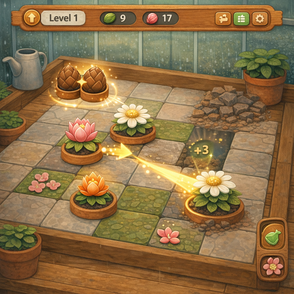A clean puzzle board with seed pods and ceramic flowers