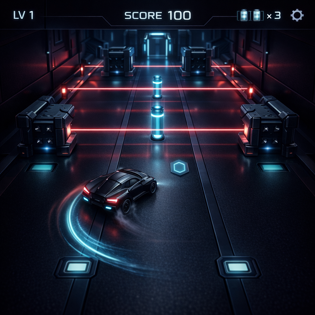 Electric cyan car silhouette against pitch-black void with crimson lasers