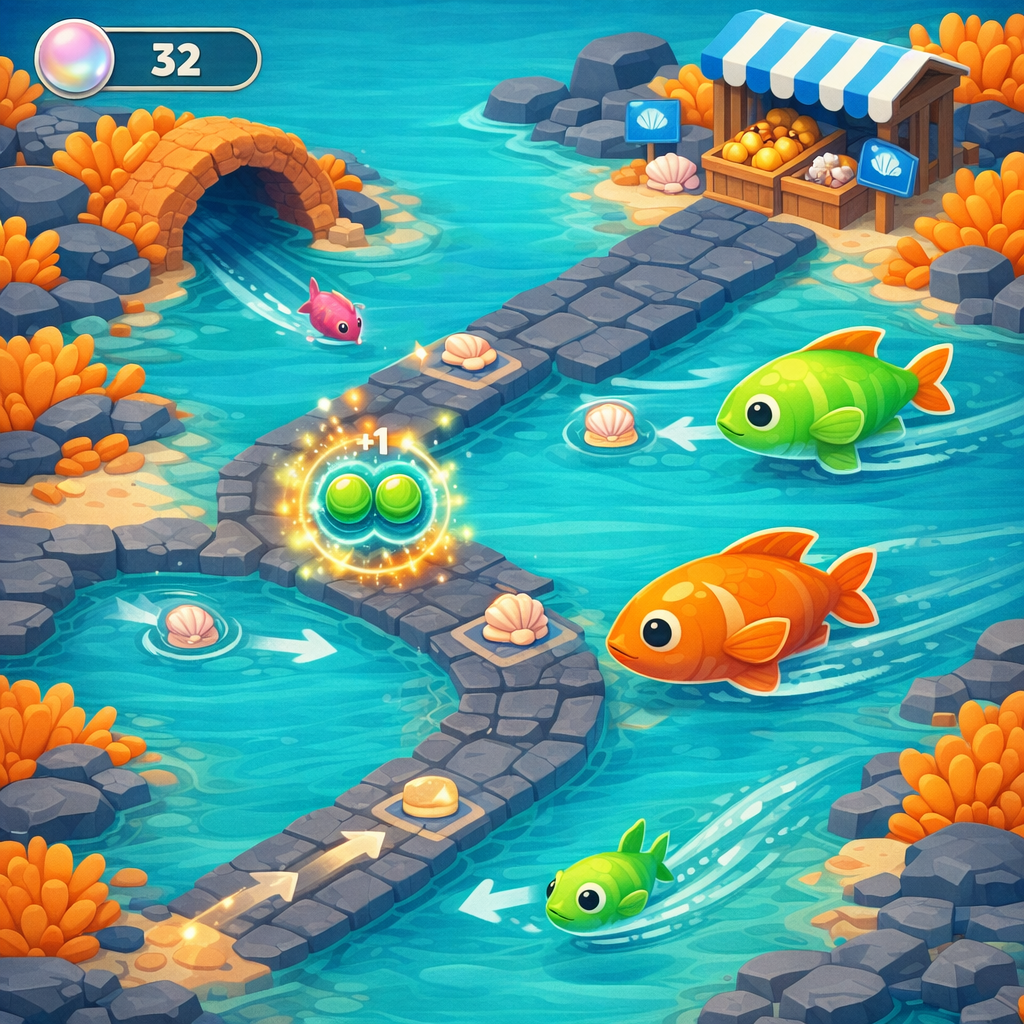 A clean left-hand hatchery grid showing fish merging