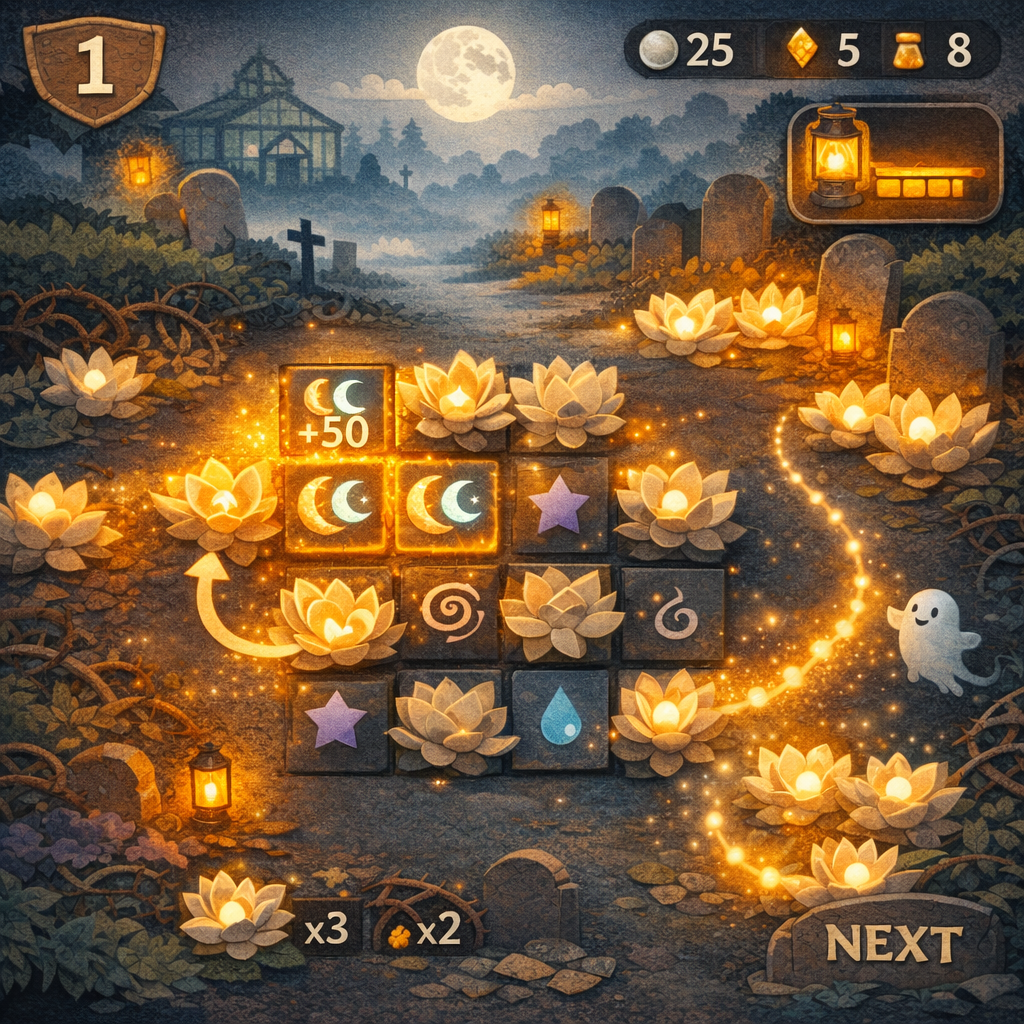 A glowing ghost triggering a warm lantern combo effect