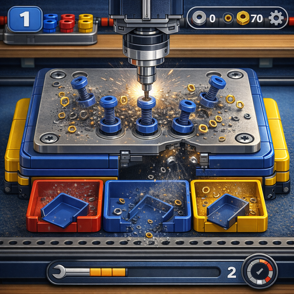 A lo-fi 3D isometric puzzle showing thick, powder-coated metal plates pinned together by colored bolts under a cool studio rimlight