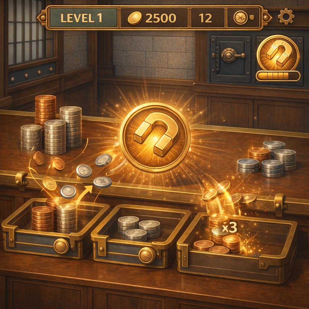 A lo-fi 3D isometric view of matte copper, silver, and gold coins auto-merging into brass-trimmed velvet trays on a dark mahogany desk
