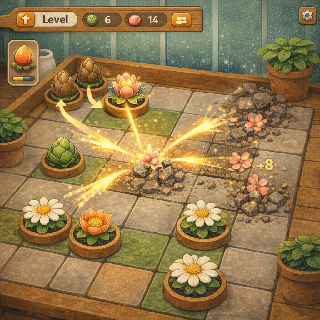 A lo-fi 3D isometric view of glazed ceramic flower pots on a wooden greenhouse bench firing glowing pollen pulses