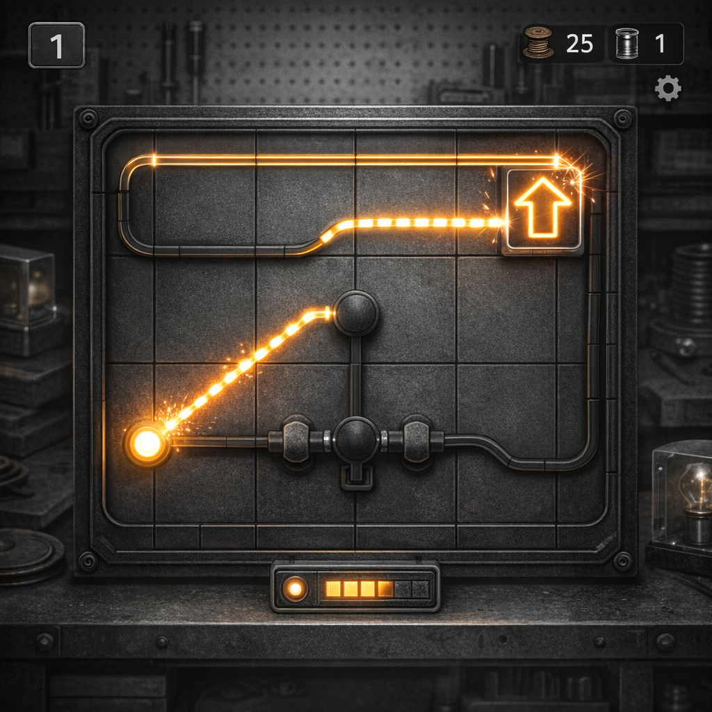 A cozy isometric back-alley sign workshop with neon cables glowing bright amber and cyan.