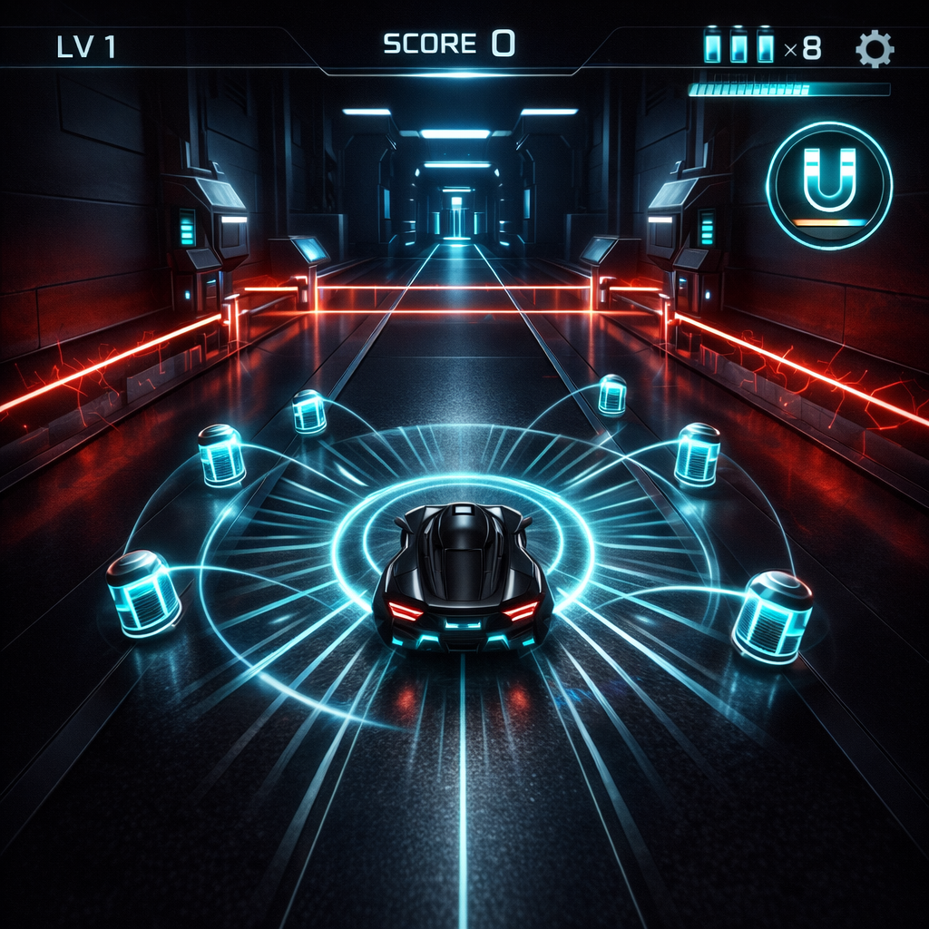 A sleek stealth hover car drifting across a pitch-black corridor filled with sharp crimson laser hazards