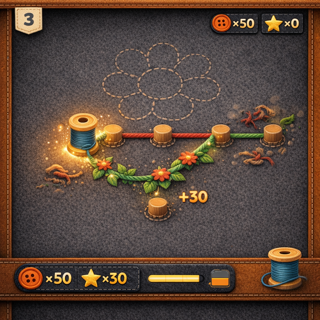 A dark matte felt play board with bright glowing embroidery thread connecting wooden pegs
