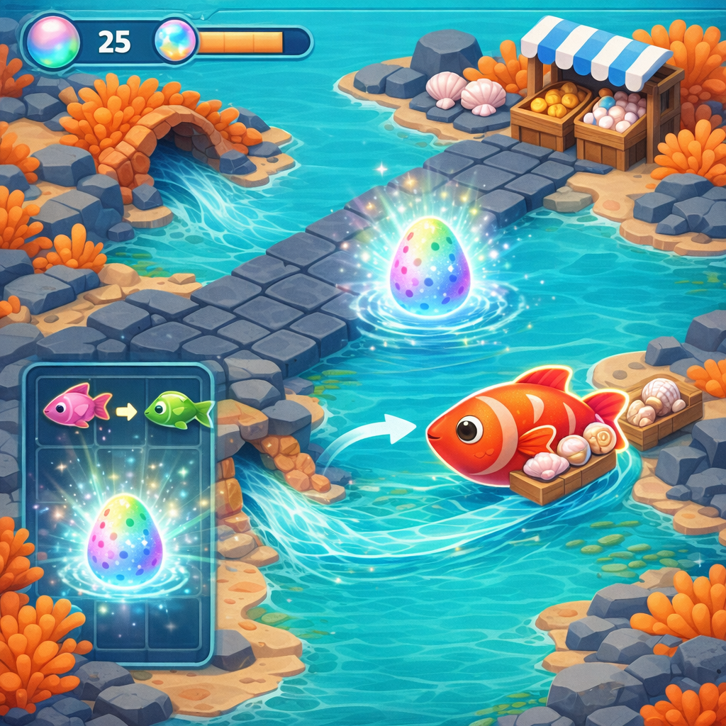 A candy micro-diorama showing tiny courier fish navigating flat-color water lanes in a coral reef