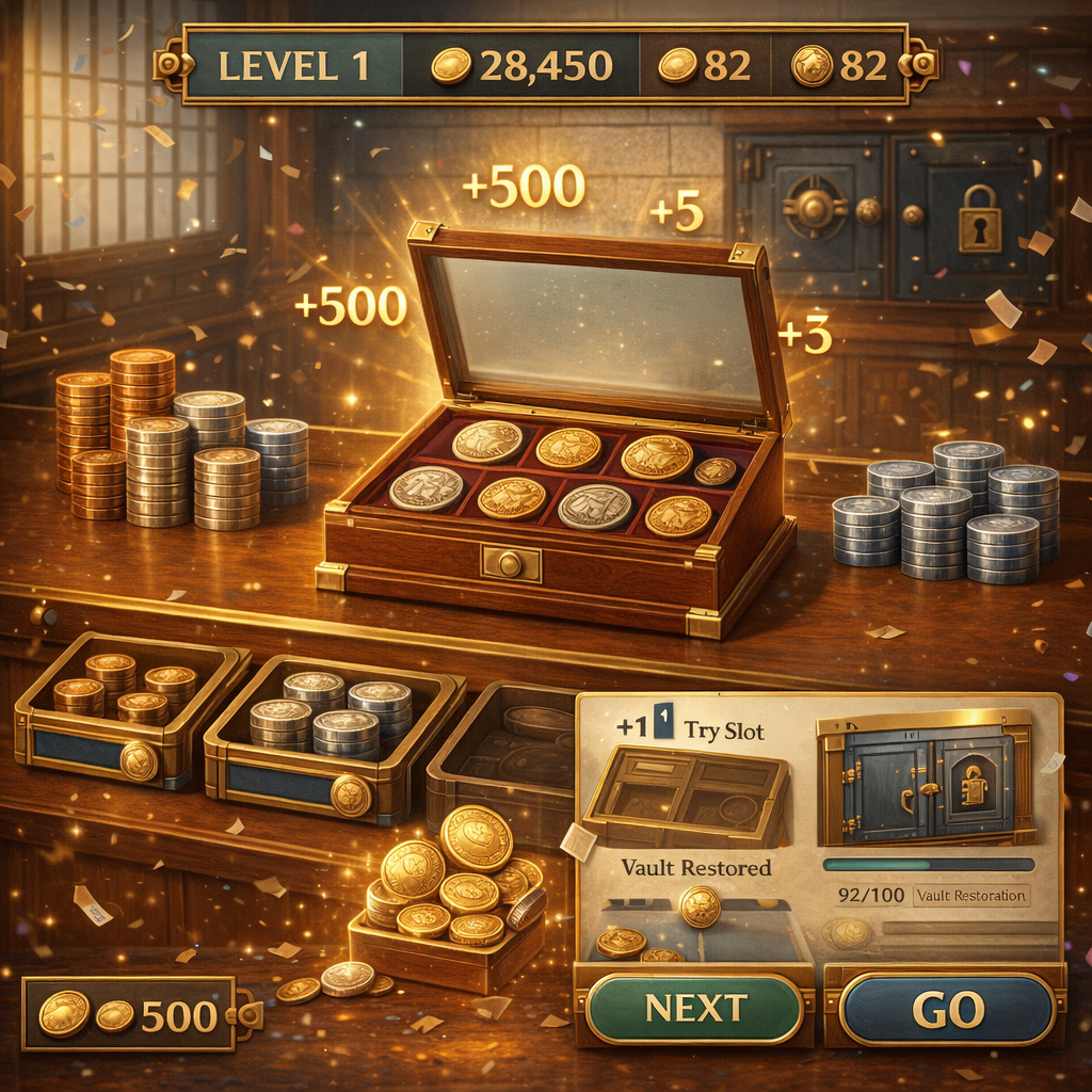 A Mahogany Display Case popping open to reveal commemorative coins