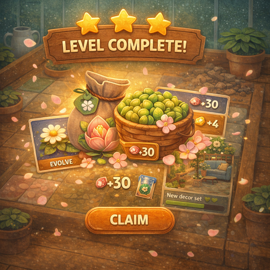 A diegetic UI showing physical petals and leaves as currency