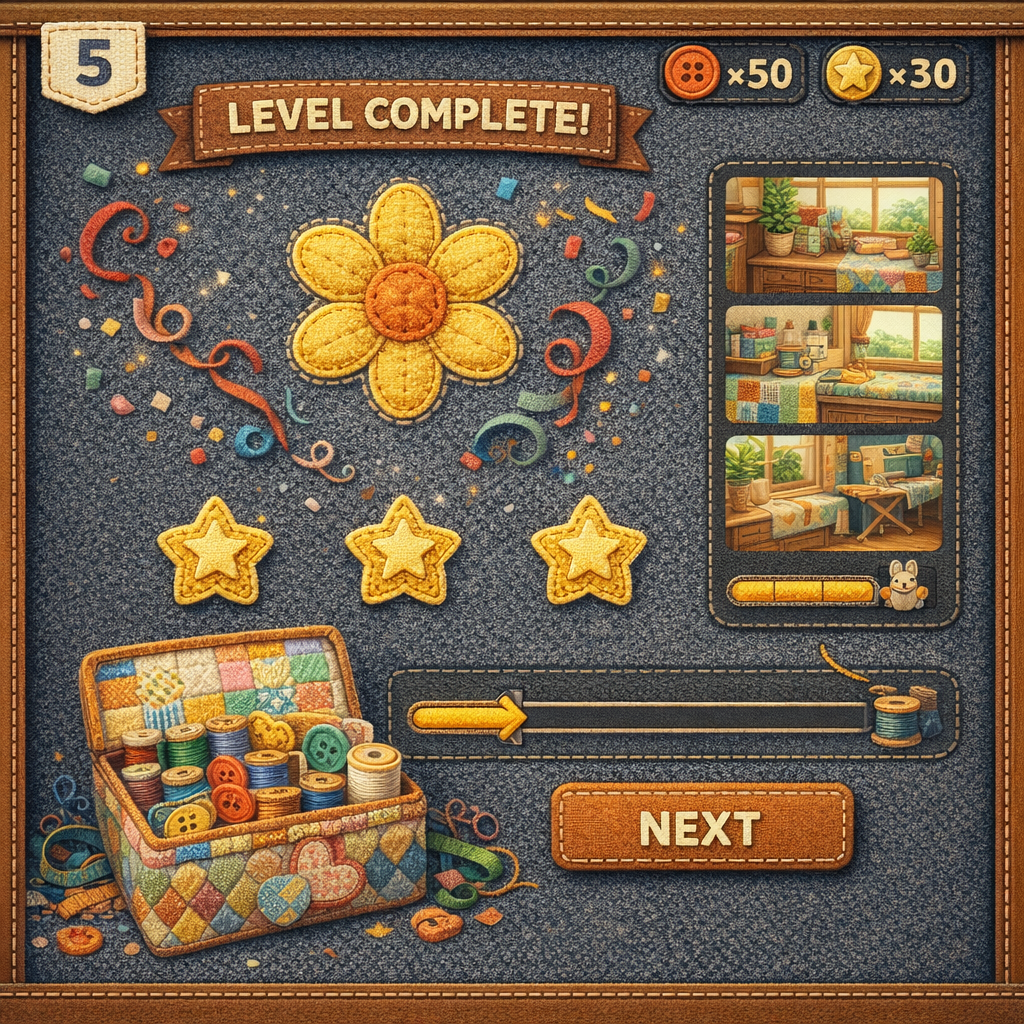 A physical patchwork quilt map progression screen