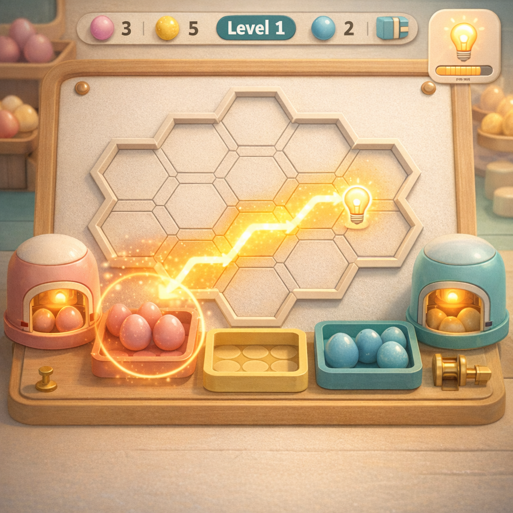A lo-fi 3D isometric puzzle board showing matte pastel resin egg trays aligning to route eggs into an incubator