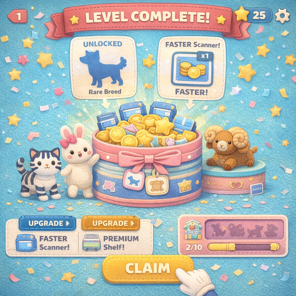 An upgrade screen utilizing diegetic fabric stars and calico buttons