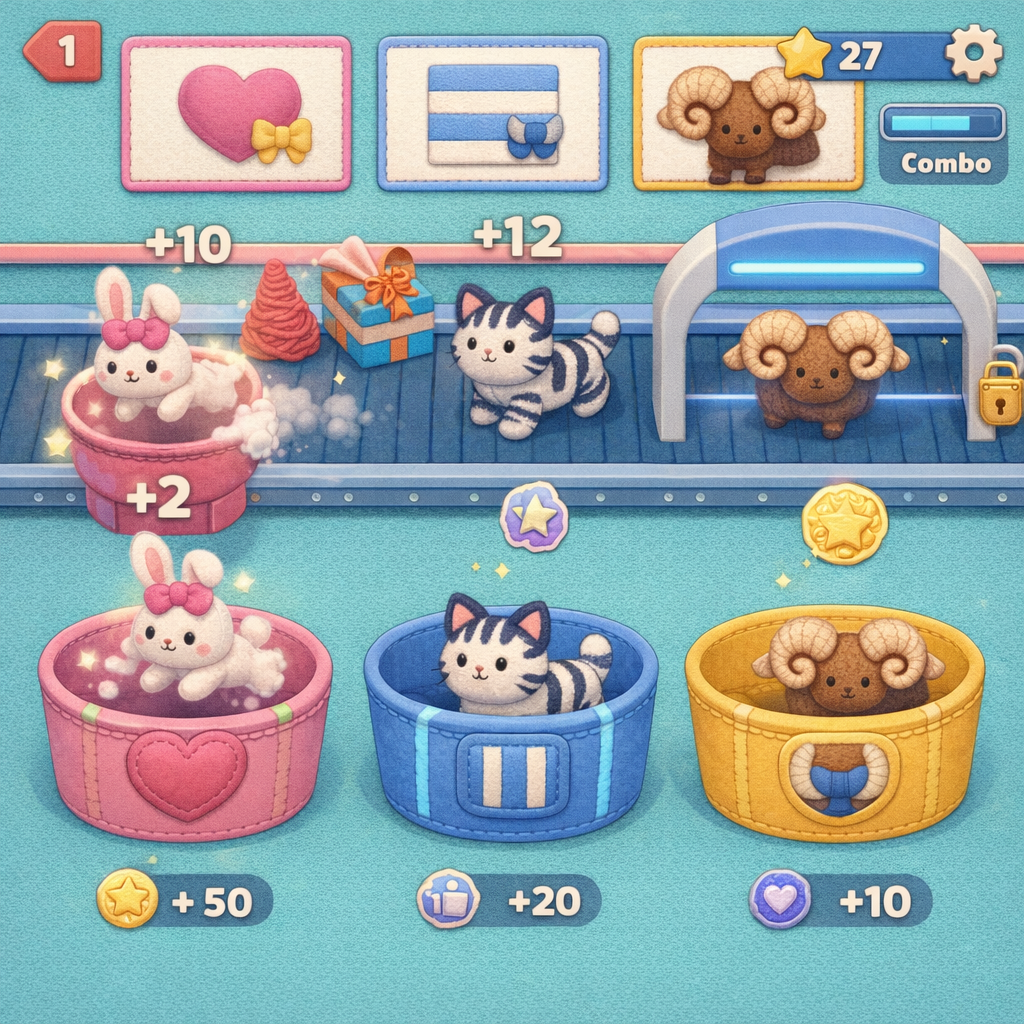 Oversized traits on plush toys on a conveyor belt